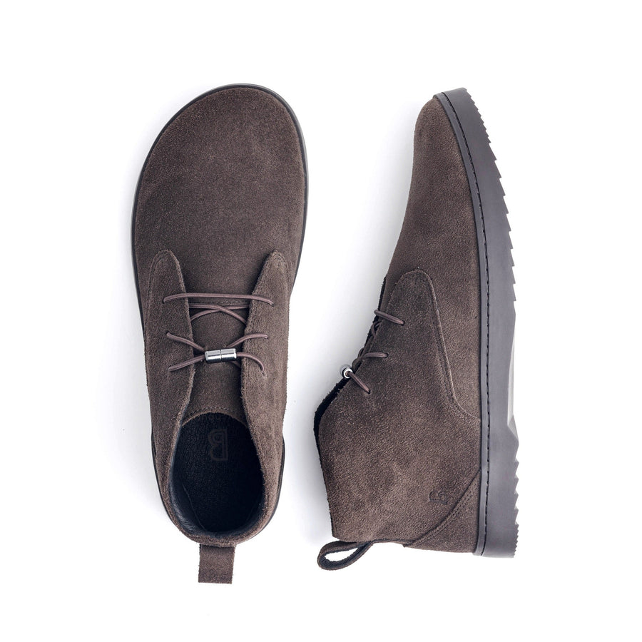 Birchbury Carnforth barefoot chukka boot in vintage brown suede, top-down and side view